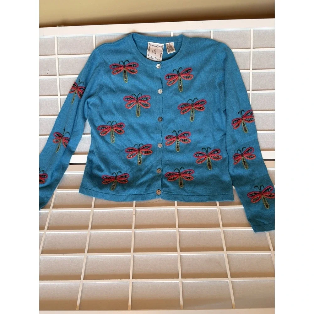Michael Simon Lite Silk Angora Cashmere Dragonfly Cardigan Shell Twin Set Size M